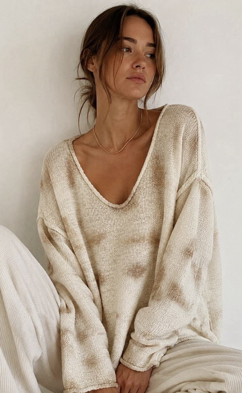 New Ivory Brn Ovrszd Slub Open Knit Drop Shldr S One of a Kind Wash Sample Pc